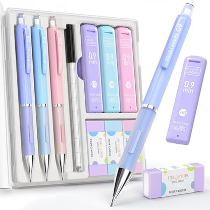 Four Candies Cute Pastel Mechanical Pencil Set, 0.9mm, 3 Pack | 360 Lead Refills, 3 Erasers, 9 Eraser Refills, Storage Case, Non-Slip Grip, Bold Lines for Notes, Sketching & Marking - style: 0.9mm