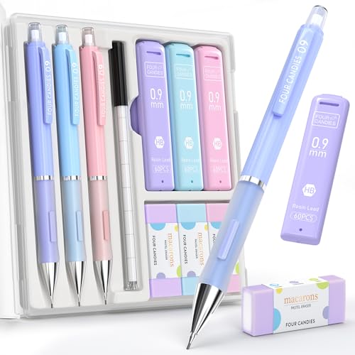 Four Candies Cute Pastel Mechanical Pencil Set, 0.9mm, 3 Pack | 360 Lead Refills, 3 Erasers, 9 Eraser Refills, Storage Case, Non-Slip Grip, Bold Lines for Notes, Sketching & Marking - style: 0.9mm