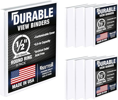 Samsill 8 Pack Durable 0.5 Inch 3 Ring Binders, Round Ring, Clear View Cover for Presentations, White - color: White, size: 0.5-Inch