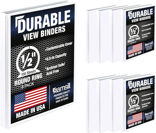 Samsill 8 Pack Durable 0.5 Inch 3 Ring Binders, Round Ring, Clear View Cover for Presentations, White - color: White, size: 0.5-Inch