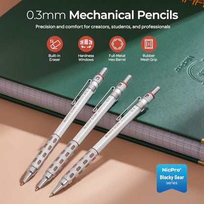 Nicpro 3 Pack Blocky Gear 0.3 mm Metal Mechanical Pencils Set with Case, Lead Drafting Pencil with 8 Tube (480PCS) Lead Refills, 4 Erasers, 18 Eraser Refills for Art Writing, Sketching Drawing - style: 0.3mm