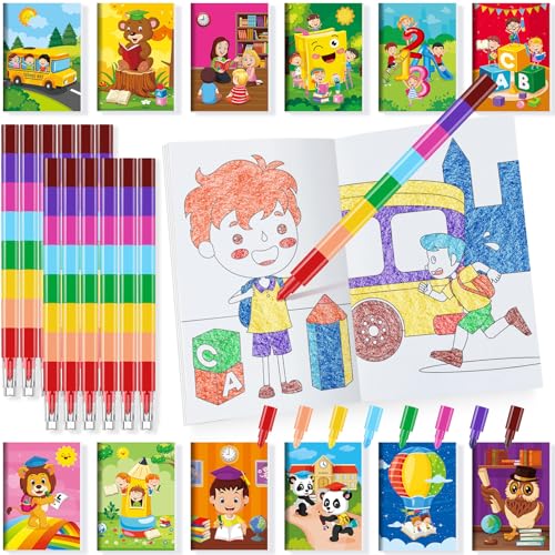 BenLouis 24 Preschool Kindergarten Mini Coloring Books Kids with 24 Stacking Crayons Graduation Party Favors Activity Books Bulk for Kids Birthday Return Goodie Bag Gift Stuffer Classroom Reward - style: Preschool