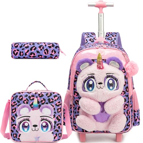 Meetbelify Rolling Backpack for Girls Backpack with Wheels for Elementary Student Kids School Bag with Lunch Box Pencil Case for Girls Ages 6-8 Years Old - color: Purple