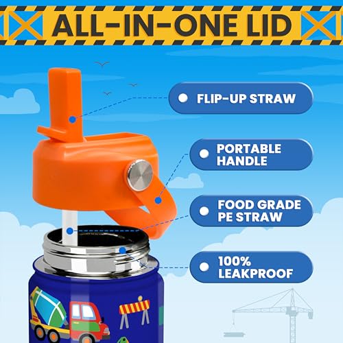 Construction Water Bottle - Kids Water Bottle with Straw Lid - 12 Oz Insulated Stainless Steel Water Bottles for Kid Boys - Travel Cup for School Sports - color: Construction 3