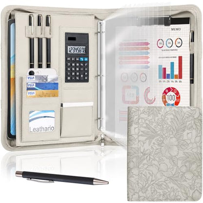 Leathario Portfolio Binder, Includes 5 Sheet Protectors and a Pen, 13 Inch Tablets Organizer, Vegan Leather A4 Padfolio, Multi-Pocket Notepad Business Planner Professional Document - color: Relief White