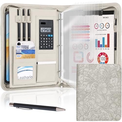 Leathario Portfolio Binder, Includes 5 Sheet Protectors and a Pen, 13 Inch Tablets Organizer, Vegan Leather A4 Padfolio, Multi-Pocket Notepad Business Planner Professional Document - color: Relief White
