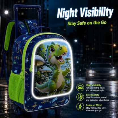 WZLVO 3PCS Boys Rolling Backpack, 18" Dinosaur Print School Bag with Wheels, Includes Matching Lunch Bag & Pencil Bag - Green Dino Adventure - color: 3PCS Boys Rolling Backpack - Green Dino Adventure