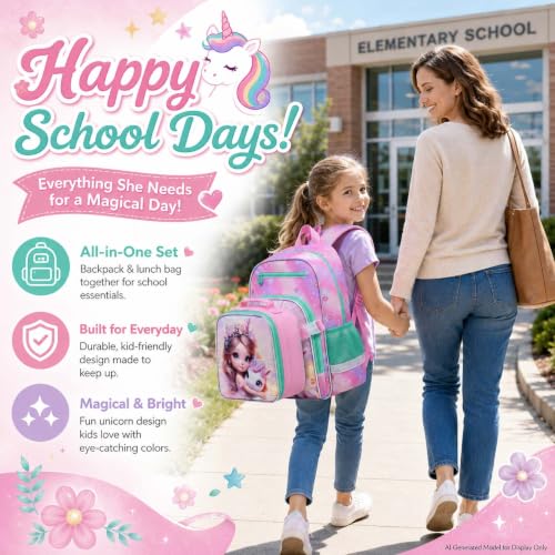 gxtvo 3PCS Girls Backpack, 16" Sequin Prechool Elementary Bookbag and Lunch Box - color: New Uv Printing Fairy Unicorn Clip-on Backpack