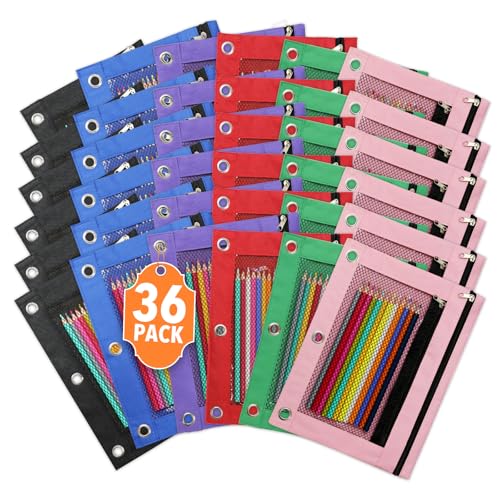 36Pcs Pencil Pouch for 3 Ring Binder - Pen Case 3 Hole Pencil Pouch Zipper Bag Holder Bulk Accessories Clear Window Aesthetic Organizer Pockets
