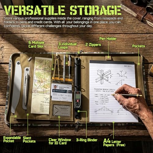 Livans Portfolio Padfolio Binder Detachable 3-Ring Planner, Zip Tactical Notebook Cover with A4 Letter Paper, Multi-Pocket Carry Bag for Gift, Out-Work, Travels, Office & School | Zip Notebook Cover, Handle Art Portfolio Bag, 25 Sheets A4 Letter Paper, 1“