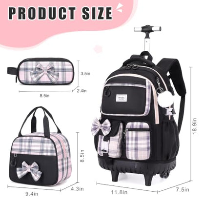 Bevalsa Rolling Backpack for Girls, Roller Backpack with Wheels, Cute Bow Wheeled School Bookbag Set with Lunch Bag & Pen Case, Suitcases for Kids Teens Elementary Middle Student (Black Pink) - color: Black Pink