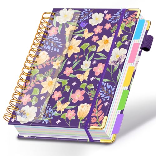 Spiral Journal Notebooks for Work, 300 Pages 5 Subject Notebook College Ruled with Dividers & Tabs, Notebook Journal for Women Students Note-Taking and Organizer (Purple Floral, 8.5''x 11'') - color: Purple Floral, size: 8.5''x 11''