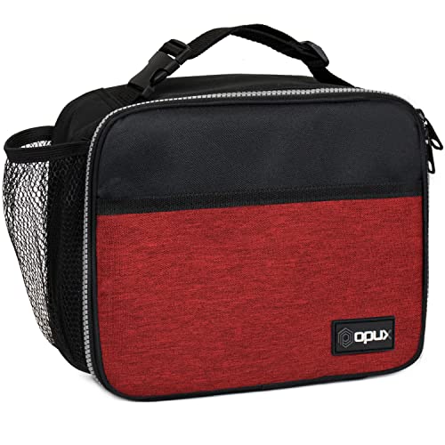 opux Insulated Lunch Bag for Kids, Reusable Lunch Box for School with Leakproof Lining, Compact Soft Cooler Tote for Boys & Girls, Front Pocket, Mesh Side Bottle Holder (Heather Red) - color: Heather Red