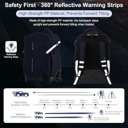 NEW TILAMI 18 Inch Expandable Rolling Backpack with 6-Wheel Stair Climbing, Waterproof Wheeled School Bag with 15.6" Laptop Sleeve for Boys Girls, Carry-on Luggage 98cm Dual-Height Handle - Navy Blue - color: Navy Blue