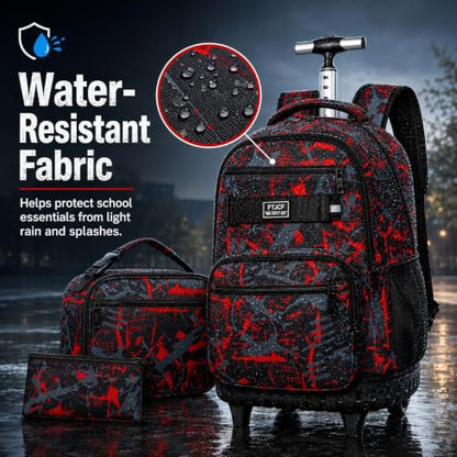 3Pcs Rolling Backpack for Boys Men, Travel Wheeled Backpacks for Adults, Teens College Roller Bookbag with Wheels for Men(Red) - color: Airbrush Red
