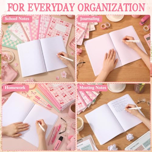 MotiMind 12 Pack Composition Notebooks Back to School Coquette College Ruled Lined 120 Pages Floral Bow Plaid Cherry Composition Books for First Day of School Women Student Supplies, 9.75 x 7.5in