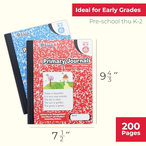 BAZIC PRODUCTS Primary Journal, Grades K-2, Draw & Write, 100 Ct, 48-Case | pre-K-2 primary journal, 100 sheets (200 pages), 4.5 in blank draw header over primary writing lines, Center-sewn - size: 48-Pack