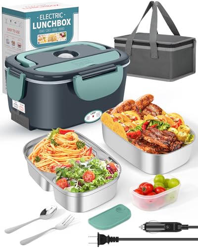 Eocolz Electric Lunch Box Food Heater, Food Warmer 1.5L Portable Heated Lunch Box for Car Truck Work Stainless Steel Fork & Spoon 12/24/110V for Adults Lonchera Eléctrica (gray-blue) - color: gray-blue