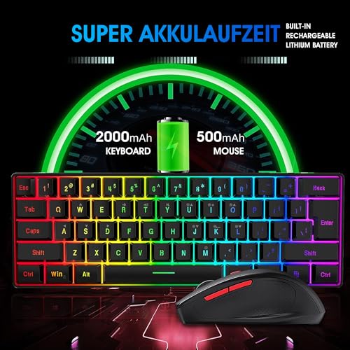 Snpurdiri 60% Wireless Gaming Keyboard and Mouse Combo, Include 2.4G Small Mini 60% Merchanical Feel Keyboard, Ergonomic Design Vertical Feel Wireless Mouse - color: Black Combo