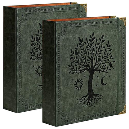 Ovesmusl 2 Pack Leather D Ring Binder Fits 8.5"x11" Letter Size Paper, 2 Inch D-Ring Binders Holds 550 Sheets, Notepad Paper Cover Loose Leaf Organizer with Inner Pockets, Green Tree - color: Green, size: 2 inch, style: 2 Pack