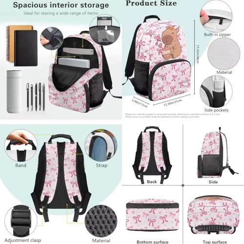 Teen Backpack with Matching Insulated Lunch Bag and Pencil Case Set for High School Middle School, Capybara 3-in-1 Bookbag Lunchbox Pouch for Girls, Durable Casual Daypack - color: Pink Bows-capybara