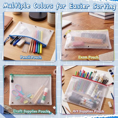 24 Pcs 7x10 Inch Pencil Pouch for 3 Ring Binder, Mesh Zipper Binder Pouches, Waterproof Clear Pencil Bags Bulk, Multi-Color Back to School Cash Envelopes(White) - color: White