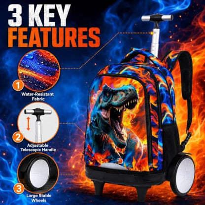 3Pcs Large Rolling Backpack for Boys, 20 Inch Detachable Wheeled Bookbag with Lunch Box, Durable Fire Dinosaur Roller Backpack for Elementary Middle School (Red) - color: Large Wheels Dinosaur Red