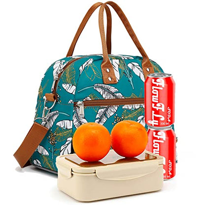 FlowFly Insulated Lunch Bag With Shoulder Strap for Women, Men, and Kids, Large and Reusable, Handle, Freezable Work and School Travel Tote and Meal Prep Organizer, leaves - color: Feather
