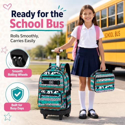 AGSDON Bold Leopard Stripe Wheeled Backpack Set – 20” Girls Rolling Bookbag with Matching Lunch Box for Travel, Commute & School | Water-Resistant Fashion Roller Organizer in Green - color: Rolling Backpack Set - Leopard Stripe Green