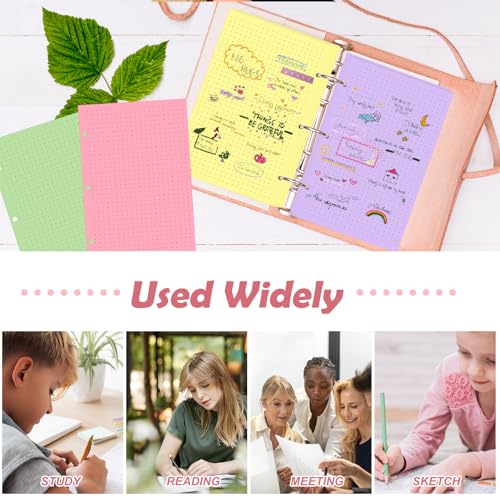 200 sheet Half Letter Dotted Refill Paper 3 Hole Punch 5-1/2 x 8-1/2 College Ruled Dot Grid Paper Refill Colored Mini Binder Paper Planner Inserts Fits Mini 3 Ring Binder Refills Office - style: Dotted