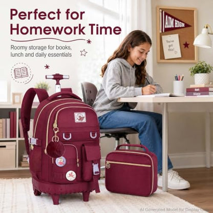 CCJPX Rolling Backpack for Girls, 21 inch Women Roller Wheels School Bookbag, Laptop Wheeled Water Resistant Wheeled Bookbag Set - Red - color: Red