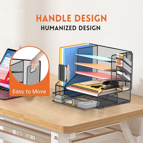 5-Tier Desk Organizer with File Holder & Pen Holder & Sliding Drawer, Black | Mesh Metal Paper Letter Tray for Papers, Mail, Office Supplies, and Desk Accessories - color: Black