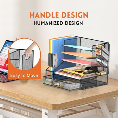 5-Tier Desk Organizer with File Holder & Pen Holder & Sliding Drawer, Black | Mesh Metal Paper Letter Tray for Papers, Mail, Office Supplies, and Desk Accessories - color: Black