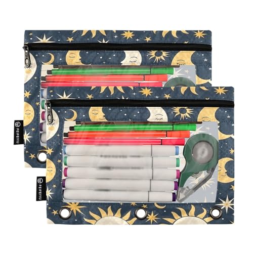 SUABO Sun Moon and Star Pencil Pouch for 3 Ring Binder, 2 PCS Binder Pencil Pouch with Zipper, Clear Window Zipper Pencil Case Pencil Bags for Office Supplies - color: Sun Moon