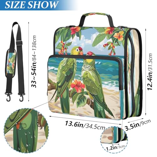Parrots on The Beach Zipper Binder 3 Ring with Handle and Shoulder Strap, 500 Sheet Binder Organizer Capacity & Multi-Pockets for School Office - color: A1648