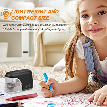 Eagle Electric Pencil Sharpener, Battery Powered Sharpener, LED Light Shinning During Sharpening, Portable, with Reusable and Replaceable Blade, Suitable for Kids, Ideal School Office Supplies (Black) - color: Black