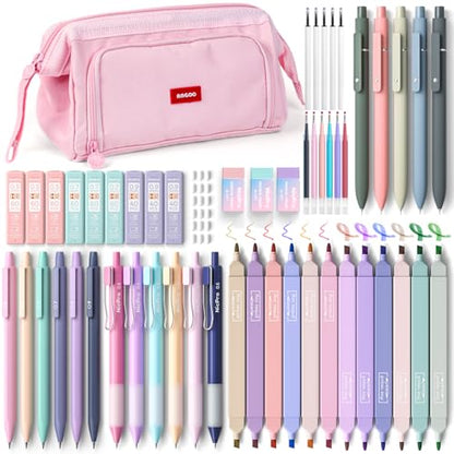 Nicpro Aesthetic School Supplies, 55PCS Pastel Highlighters & Gel Pens Set | All In One, Highlighters, Gel Pens with Refills, Mechanical Pencils, Organized Case, Back to School Essentials for Girls
