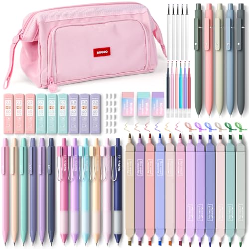 Nicpro Aesthetic School Supplies, 55PCS Pastel Highlighters & Gel Pens Set | All In One, Highlighters, Gel Pens with Refills, Mechanical Pencils, Organized Case, Back to School Essentials for Girls