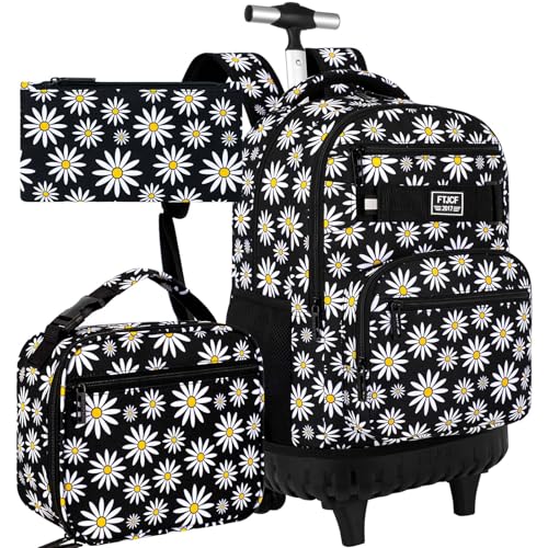 AGSDON Rolling Backpack for Girls, Women Roller Wheels Bookbag, Laptop Daisy Wheeled School Bag with Wheels for Teens - color: Daisy Black