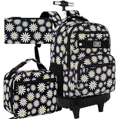 AGSDON Rolling Backpack for Girls, Women Roller Wheels Bookbag, Laptop Daisy Wheeled School Bag with Wheels for Teens - color: Daisy Black