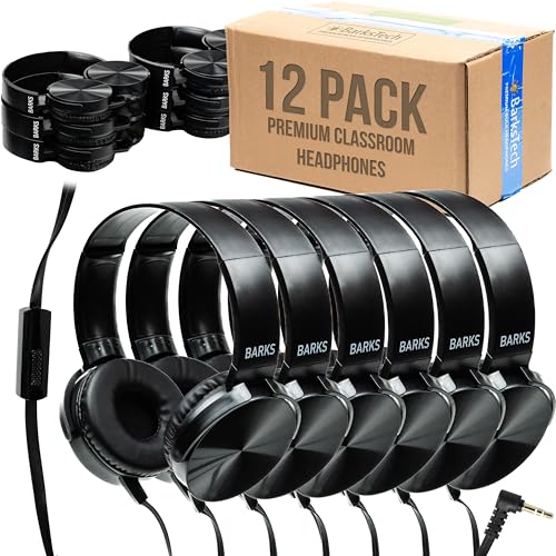 Barks Classroom Headphones with Microphone (Black, 12 Pack) - Wired 3.5mm On-Ear Bulk Headphones for Classroom: Best for Students K-12 Schools (Durable, Inline Microphone, Great Recording Quality) - color: Black