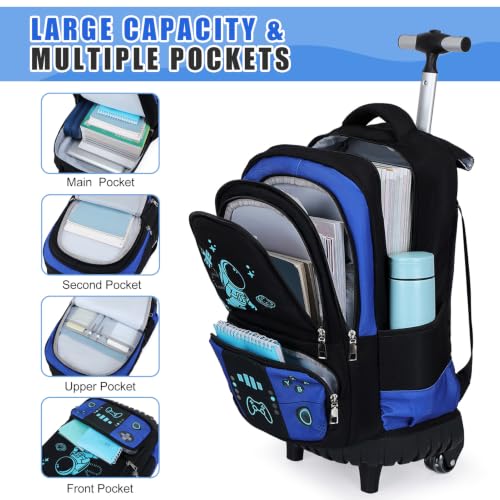 Bevalsa Rolling Backpack for Boys,Cool Luminous Gamer Roller School Backpacks with Lunch Box & Pencil Case,Kids Wheeled Schoolbag Bookbag with Wheels for Kindergarten Elementary School Travel - color: Blue Astronaut