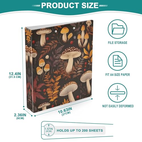 3 Ring Binder with Clipboard, D Rings Holds 200 Sheets, Heavy Duty Binders Folder for School Office, Waterproof PVC Cover with 3 Interior Clear Pockets, Mushrooms