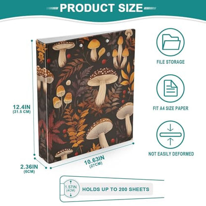 3 Ring Binder with Clipboard, D Rings Holds 200 Sheets, Heavy Duty Binders Folder for School Office, Waterproof PVC Cover with 3 Interior Clear Pockets, Mushrooms