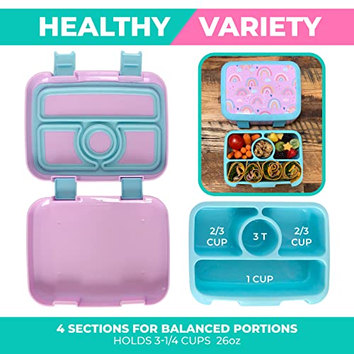 kinsho Kids Bento Lunch Box, Reusable Meal and Snack Container, Lunch Boxes for Small Girls & Toddlers Lunches, 4 Compartment - School, Daycare, Drop-Proof BPA Free, Purple Rainbow - color: Rainbow Bento