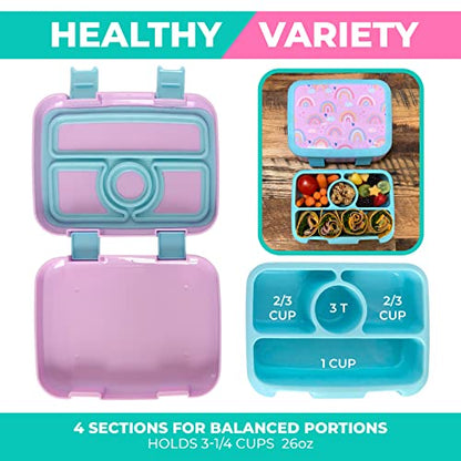 kinsho Kids Bento Lunch Box, Reusable Meal and Snack Container, Lunch Boxes for Small Girls & Toddlers Lunches, 4 Compartment - School, Daycare, Drop-Proof BPA Free, Purple Rainbow - color: Rainbow Bento