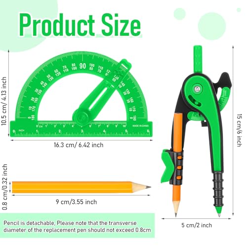 Zonon 2 Pcs Student Protractor and Compass, Student Geometry Math Set Drawing Compass and 180 Degree 6 Inch Protractor with Swing Arm for Drawing Measuring School Office (Green) - color: Green