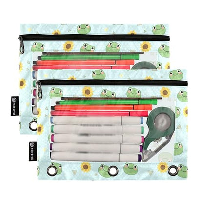 Tree Frog Rainy Day Binder Pouches 3 Ring for Boys Girls School Office College Supplies Daisy Sunflower Green Pencil Pouches Case Bag with Clear Window and Zipper 2 Pack - color: Frog