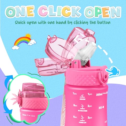 OLDLEY Kids Water Bottle for School, 12 oz (2 lids) BPA-Free Reusable Leak-proof Durable Tritan Plastic Water Bottles with Straw & Chug Lids, Anti-dust Spout Cover (Rose red) - color: Rose red, size: 12 Ounces