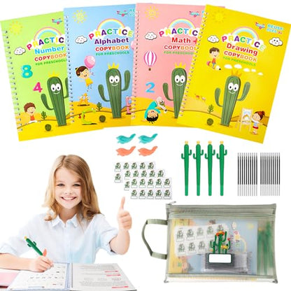 LUCKFUTURE Grooved Handwriting Book Practice, Magic Copybooks for Kids Reusable Handwriting Practice Set, Preschool Calligraphy Workbook with a Storage Bag for Easy Use - size: Grooved Handwriting Practice Book